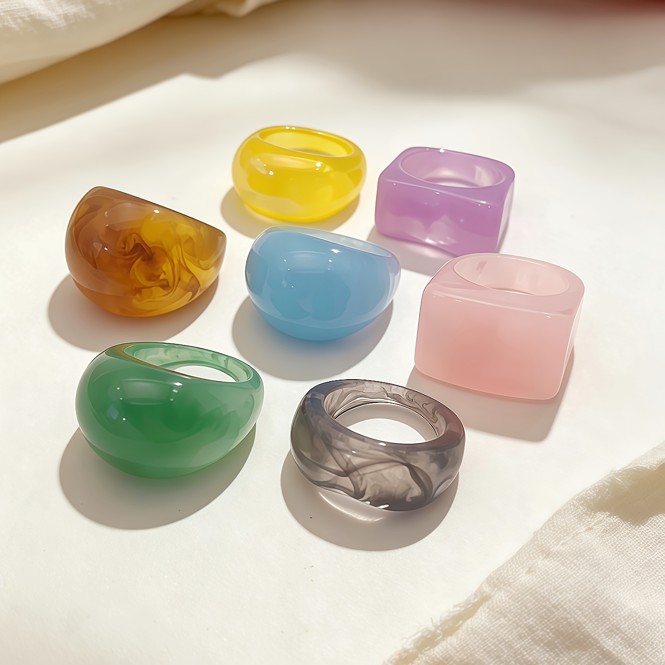 14pc Mixed-Style Colored Resin Ring Set, Trendy